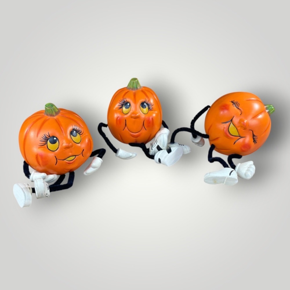 Halloween Pumpkin Shelf Sitters Set of 3 Anthropomorphic Figures Vintage 1990s